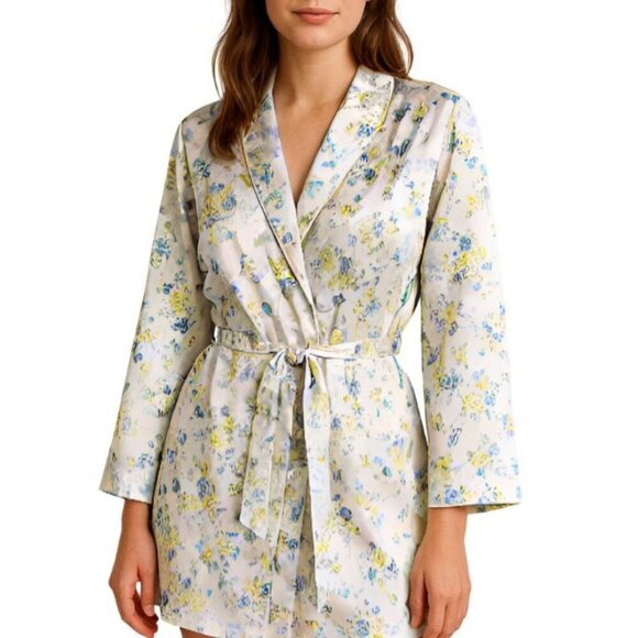 Bed of Roses Satin Lingerie Matching Robe Camisole & Short Blue Roses - Picture 1 of 10